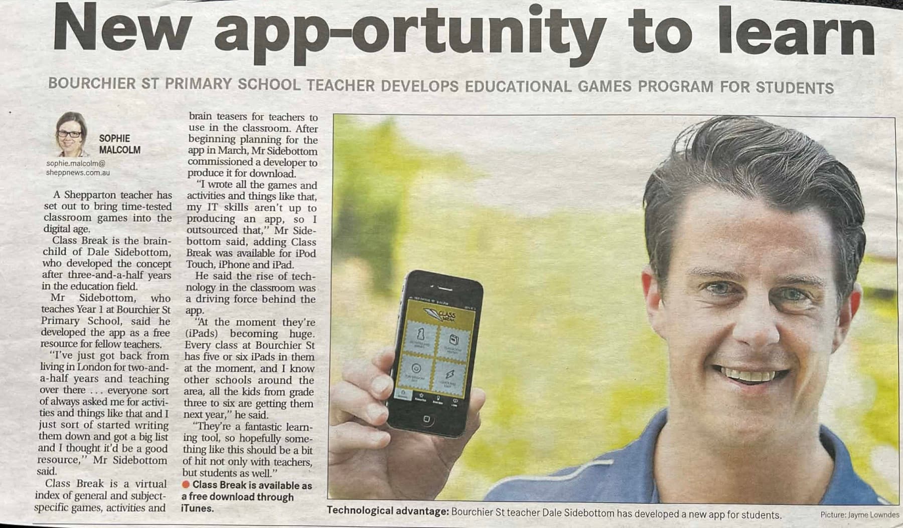 Newspaper feature: New app-ortunity to learn. Bourchier St Primary School teacher Dale Sidebottom develops educational games program for students.